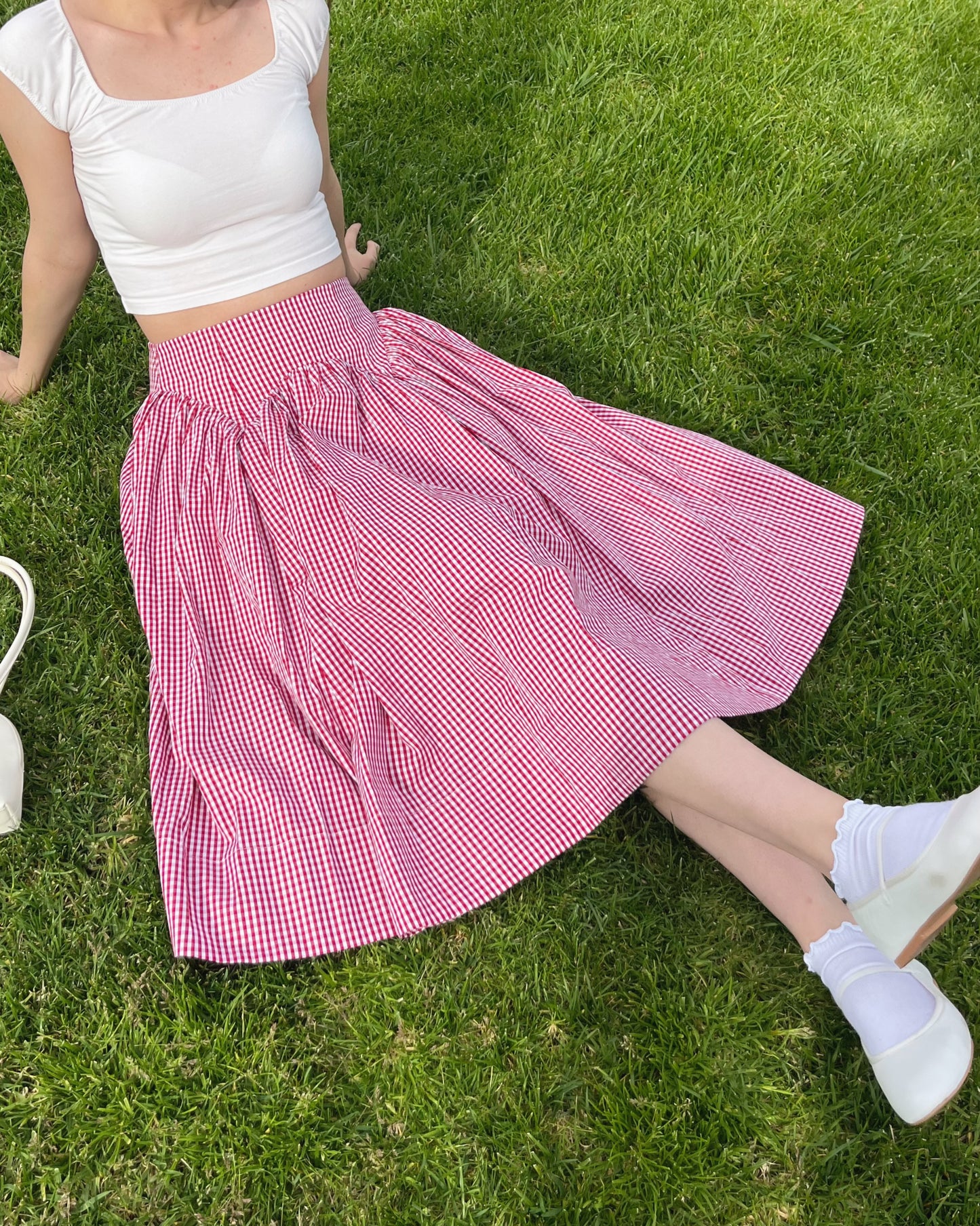 Red Picnic Poplin Gingham Midi Skirt