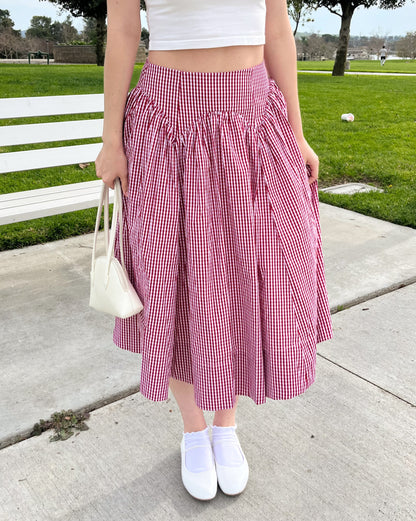 Red Picnic Poplin Gingham Midi Skirt