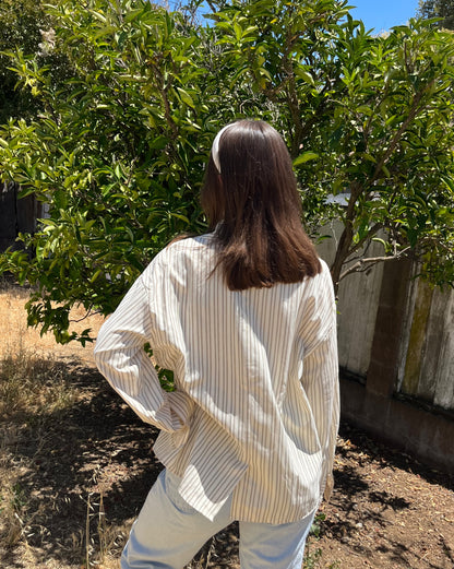 Cream Stripe Boyfriend Button-Up Shirt