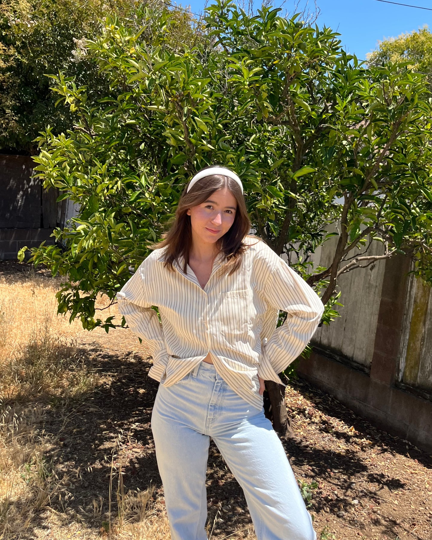 Cream Stripe Boyfriend Button-Up Shirt