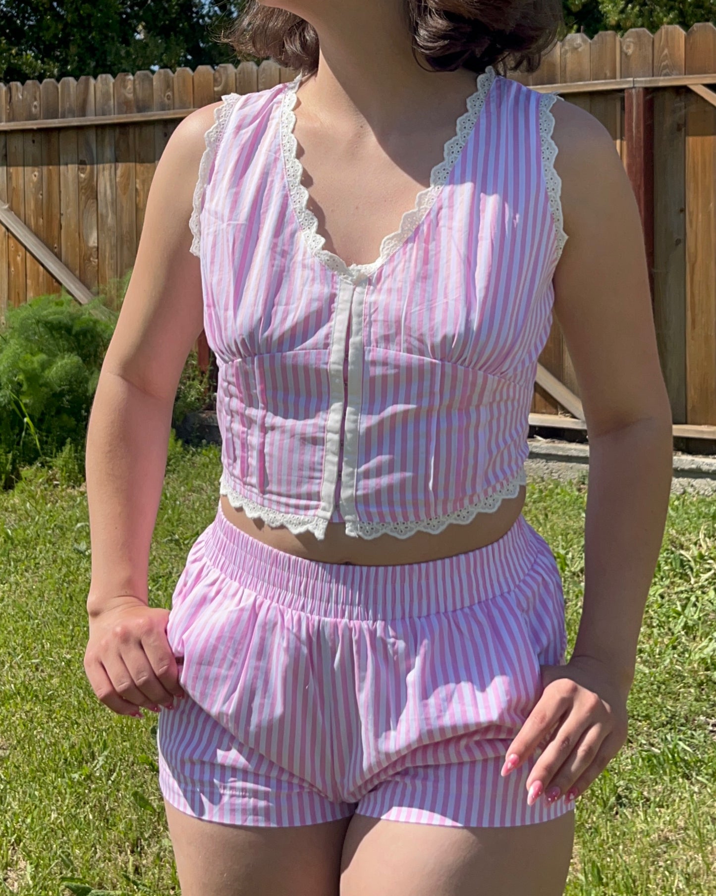 Sweet Like Candy Striped Pink Lace Trim Top