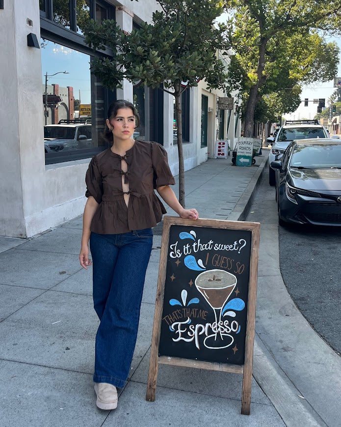 Espresso Front Tie Puff Sleeve Top